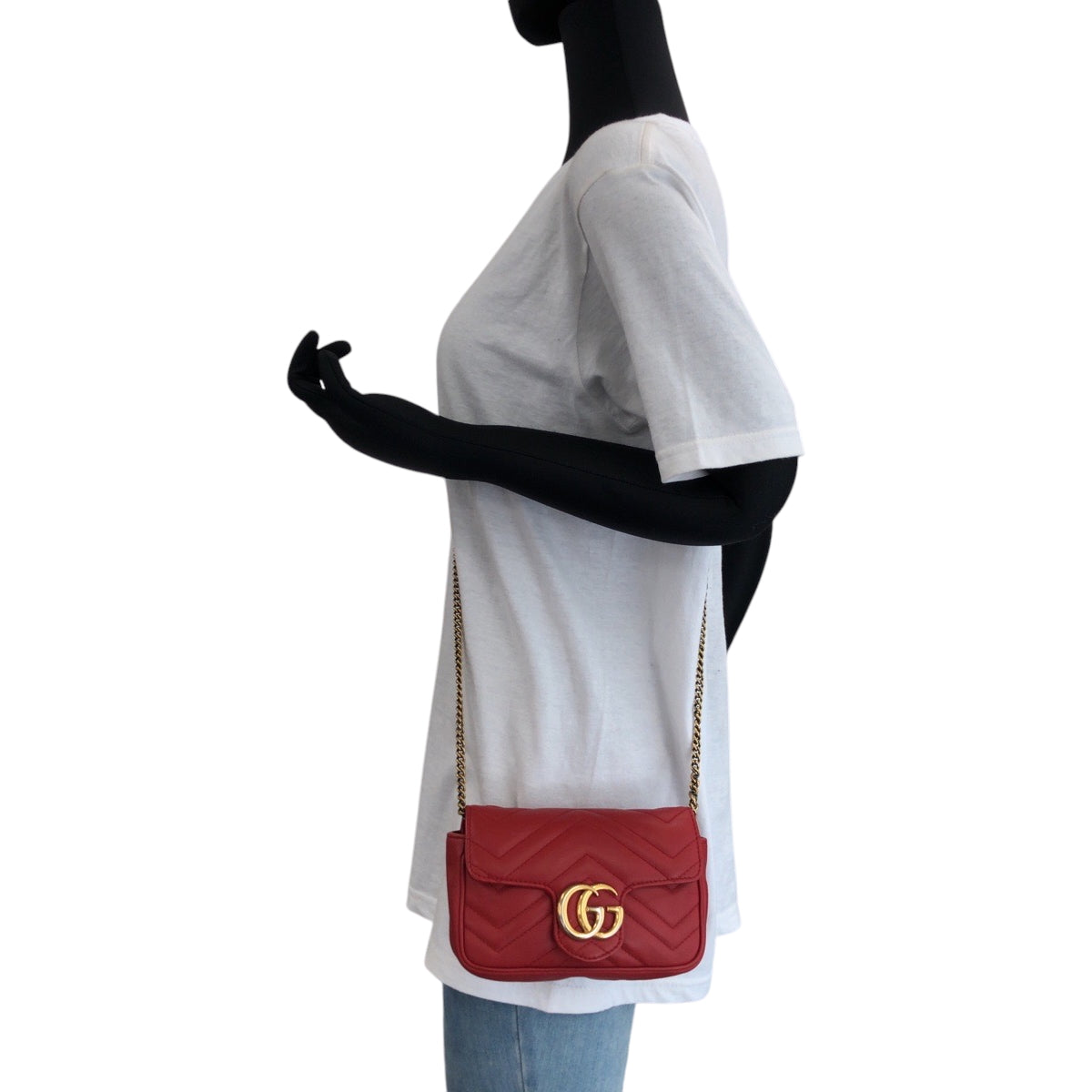 17079
GUCCI グッチ GGマーモント レッド ゴールド金具 レザー 476433 チェーンショルダーバッグ  レディース A76