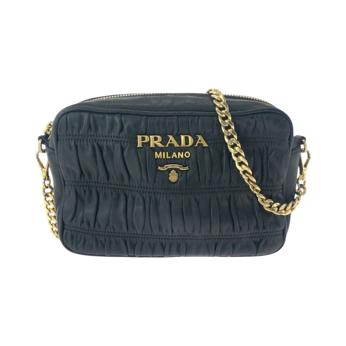 17089
PRADA プラダ ナッパレザー ギャザー ブラック 黒 ゴールド金具 レザー 1BH112 チェーンショルダーバッグ レディース AB66