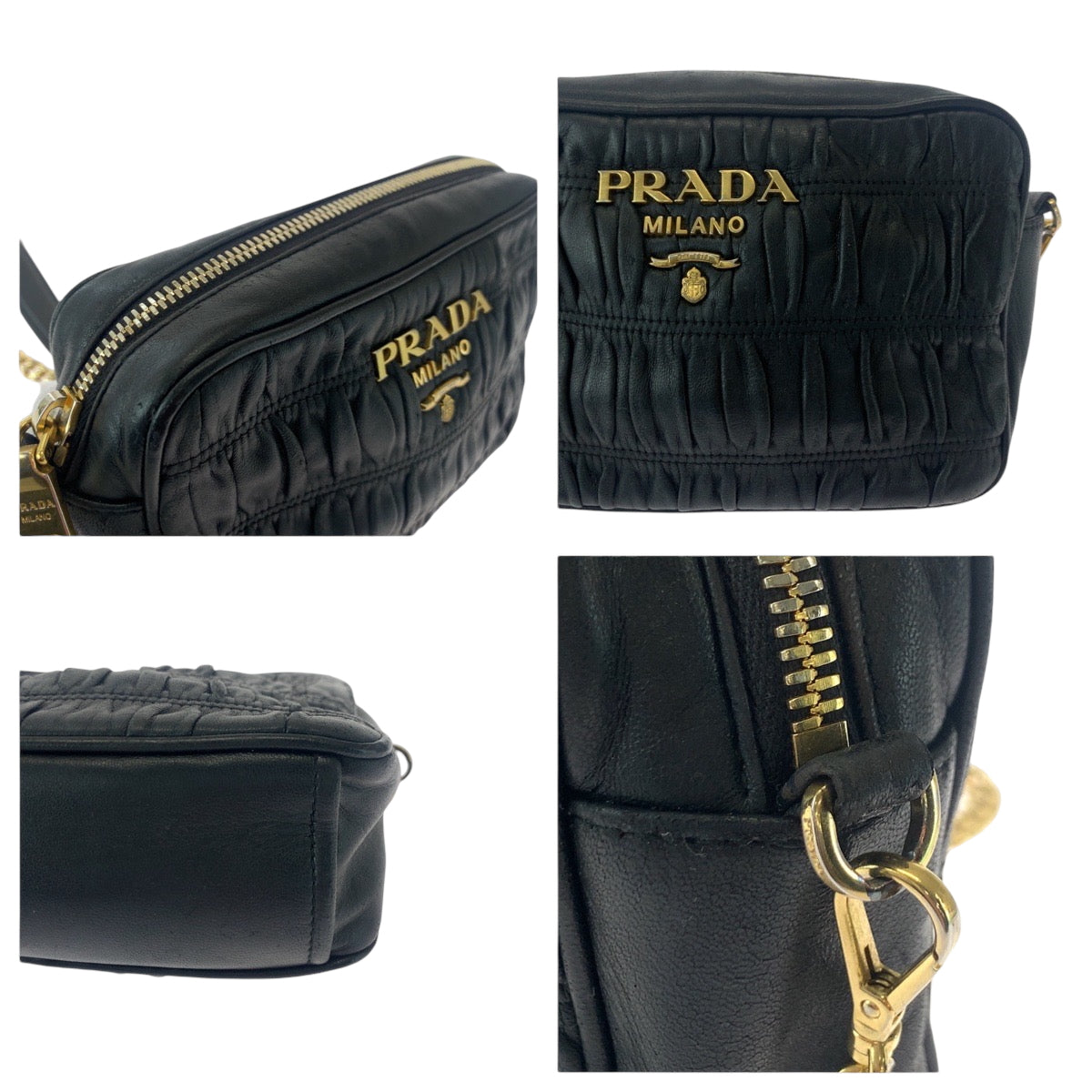 17089
PRADA プラダ ナッパレザー ギャザー ブラック 黒 ゴールド金具 レザー 1BH112 チェーンショルダーバッグ レディース AB66