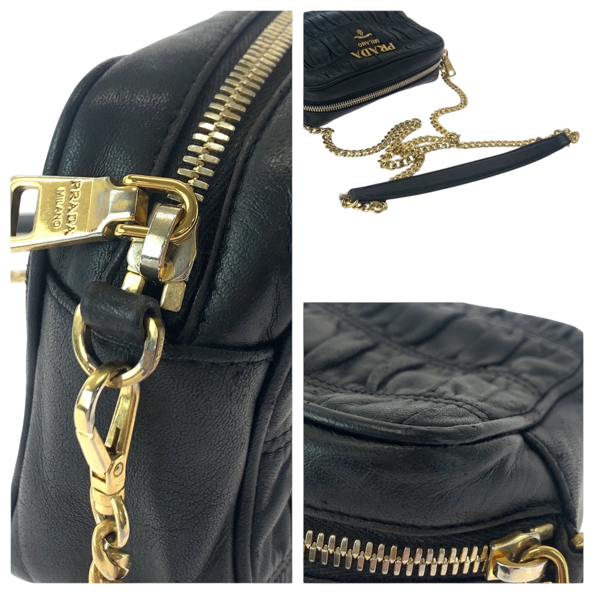 17089
PRADA プラダ ナッパレザー ギャザー ブラック 黒 ゴールド金具 レザー 1BH112 チェーンショルダーバッグ レディース AB66