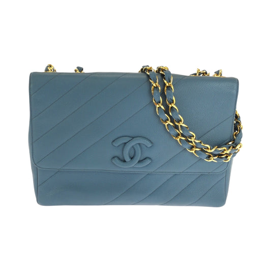 17092
CHANEL シャネル バイアスステッチ ココマーク ブルー ゴールド金具 キャビアスキン チェーンショルダーバッグ レディース ABP580