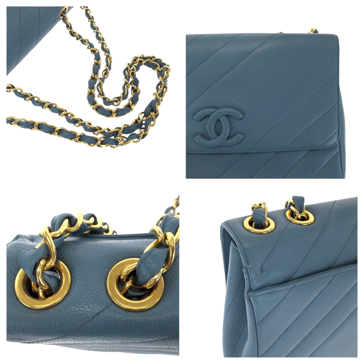 17092
CHANEL シャネル バイアスステッチ ココマーク ブルー ゴールド金具 キャビアスキン チェーンショルダーバッグ レディース ABP580