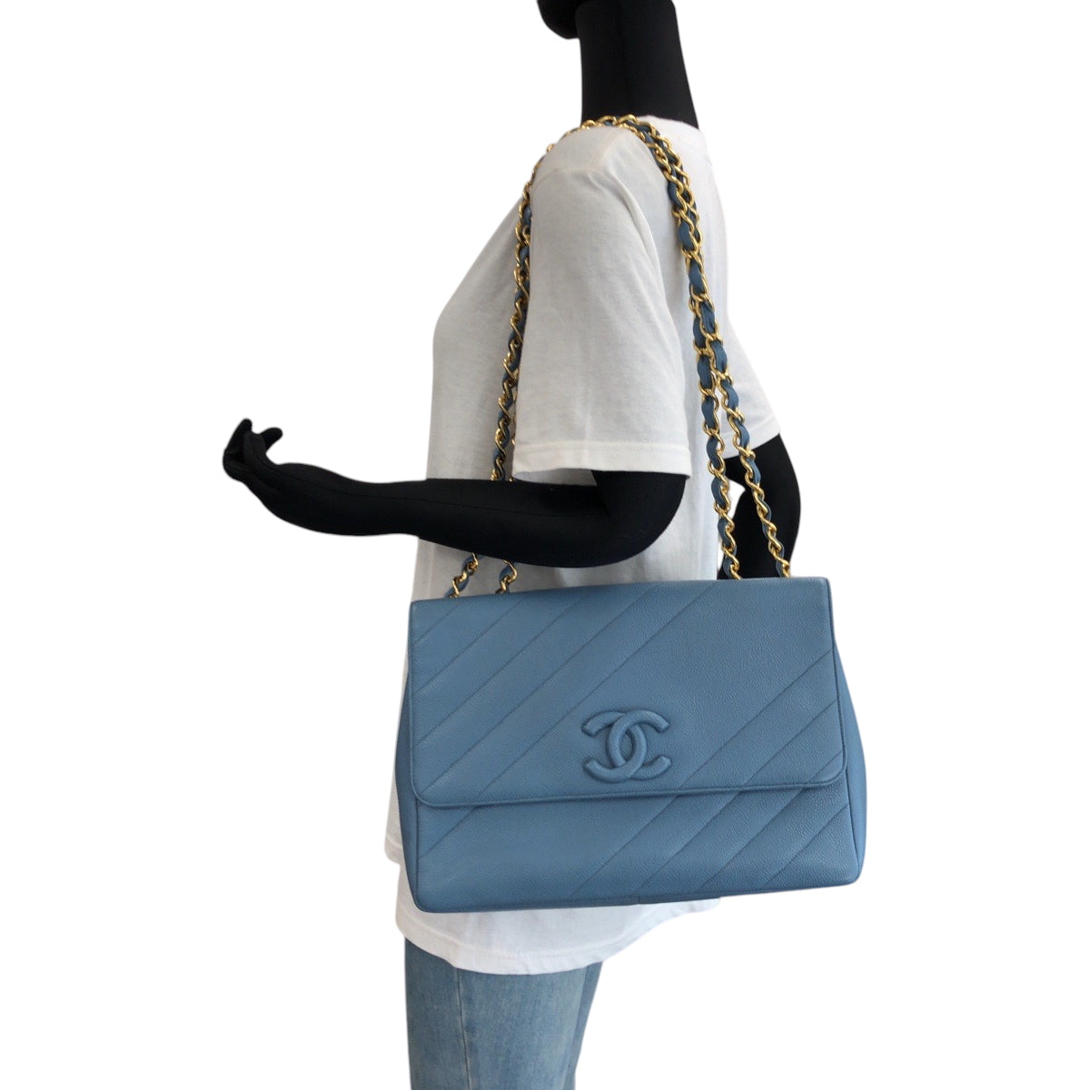 17092
CHANEL シャネル バイアスステッチ ココマーク ブルー ゴールド金具 キャビアスキン チェーンショルダーバッグ レディース ABP580