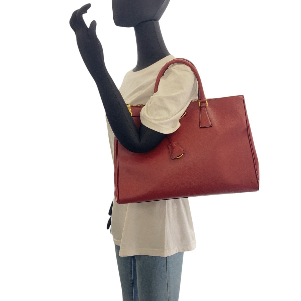 17098
PRADA プラダ ガレリア サフィアーノ 三角ロゴプレート レッド ゴールド金具 レザー トートバッグ ハンドバッグ  レディース AB66