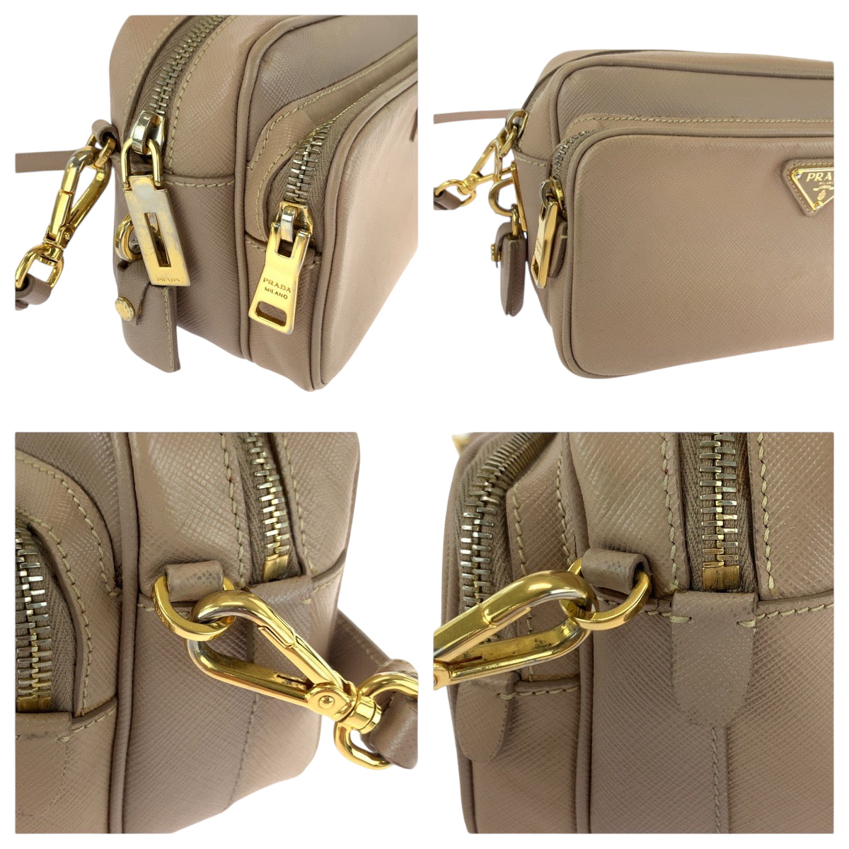 17099
PRADA プラダ サフィアーノ 三角ロゴプレート ピンクベージュ ゴールド金具 レザー BT1010 ショルダーバッグ ポシェット  レディース ABP58
