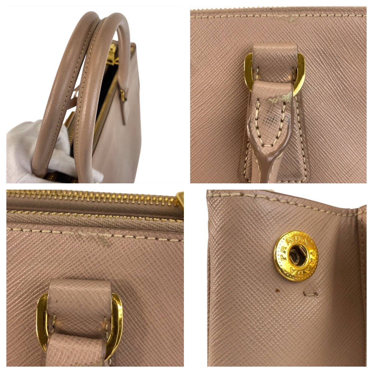 17105
PRADA プラダ サフィアーノ ガレリア 三角ロゴプレート ベージュ ピンクベージュ ゴールド金具 レザー ハンドバッグ トートバッグ ショルダーバッグ 2way レディース AB60