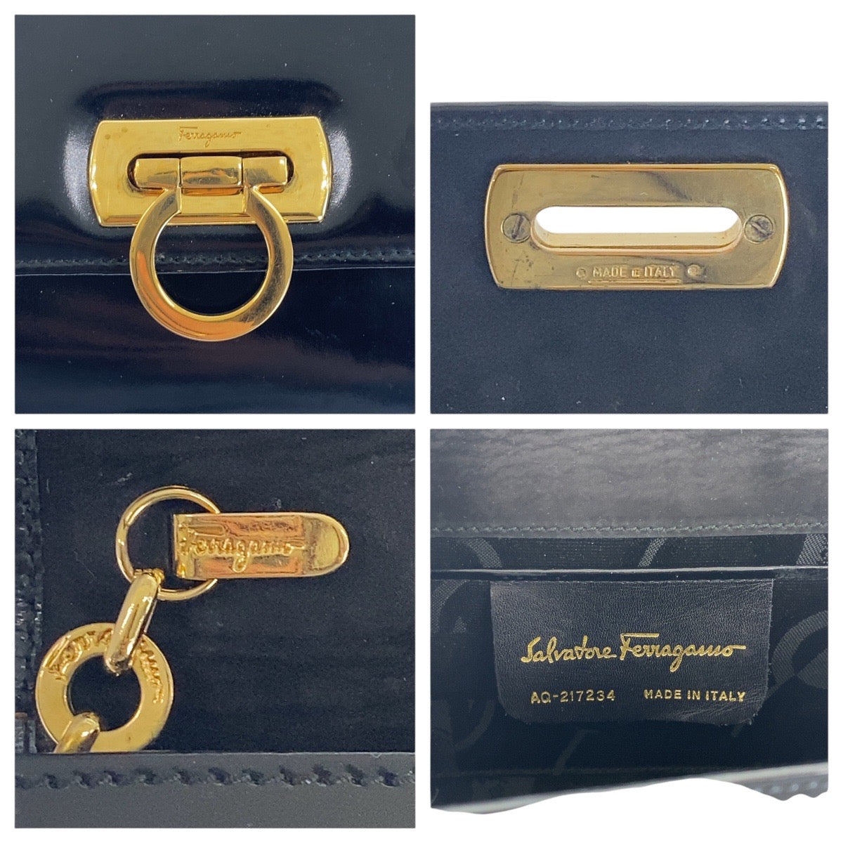 17128
Salvatore Ferragamo サルヴァトーレフェラガモ ヴィンテージ ガンチーニ ブラック 黒 ゴールド金具 エナメル 斜め掛け ショルダーバッグ レディース ABP39