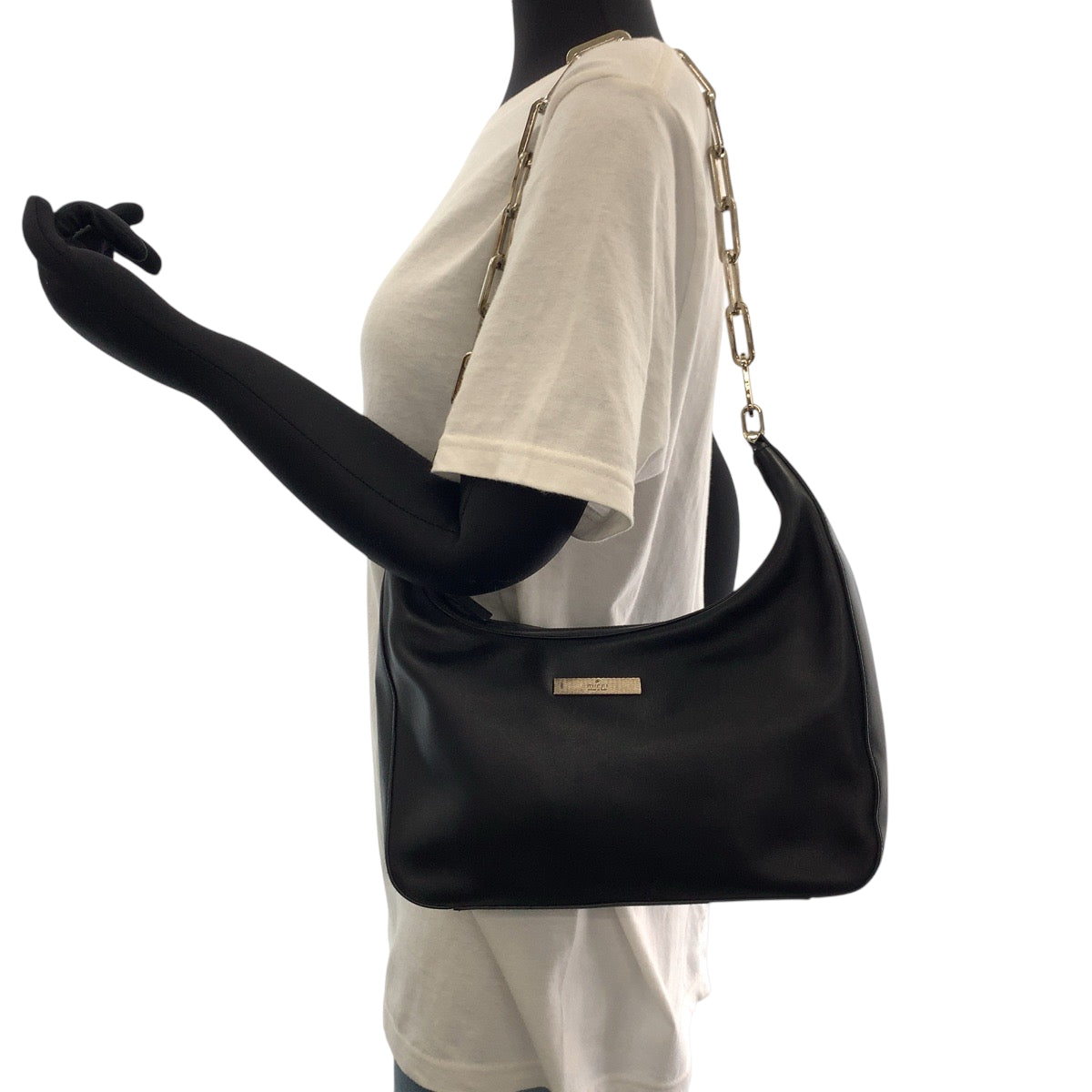 17141
GUCCI グッチ ホーボー ブラック 黒 シルバー金具 レザー 001 3873 チェーン ショルダーバッグ レディース ABP42