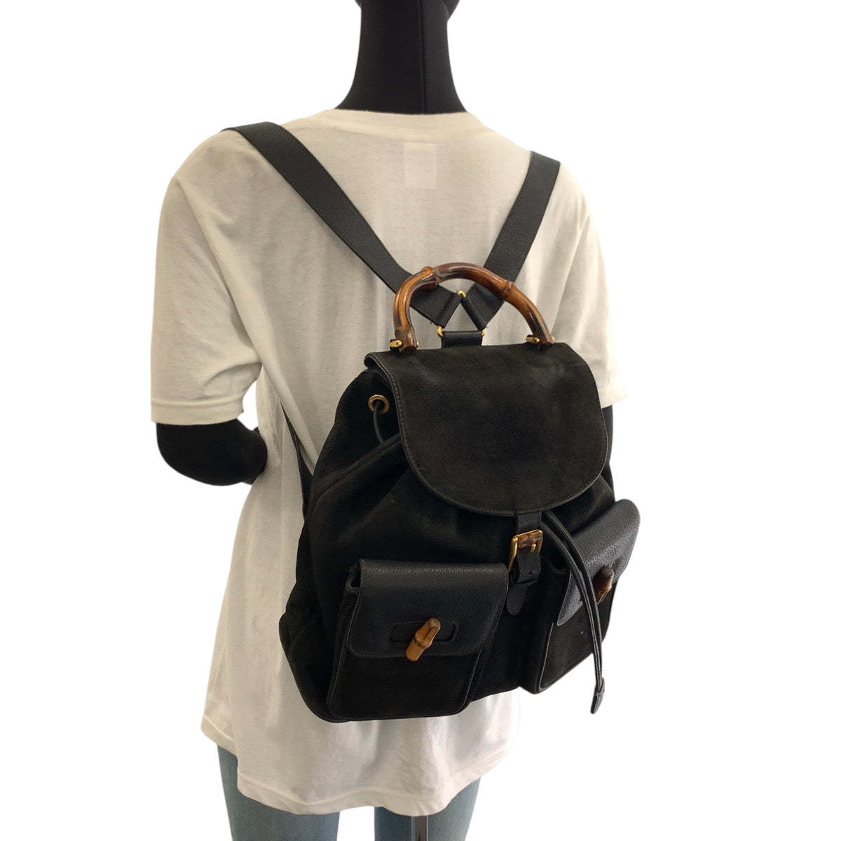 17142
GUCCI グッチ バンブー ブラック 黒 ブラウン ゴールド金具 スウェード / レザー 003 2058 0016 リュックサック バックパック  レディース AB38