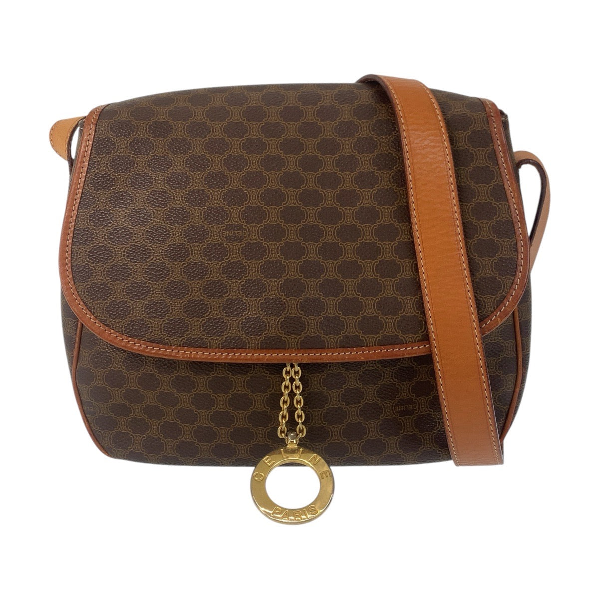 17167
CELINE セリーヌ ヴィンテージ マカダム サークルロゴ金具 ブラウン ゴールド金具 PVC / レザー JMB11 ショルダーバッグ メッセンジャーバッグ  レディース AB40