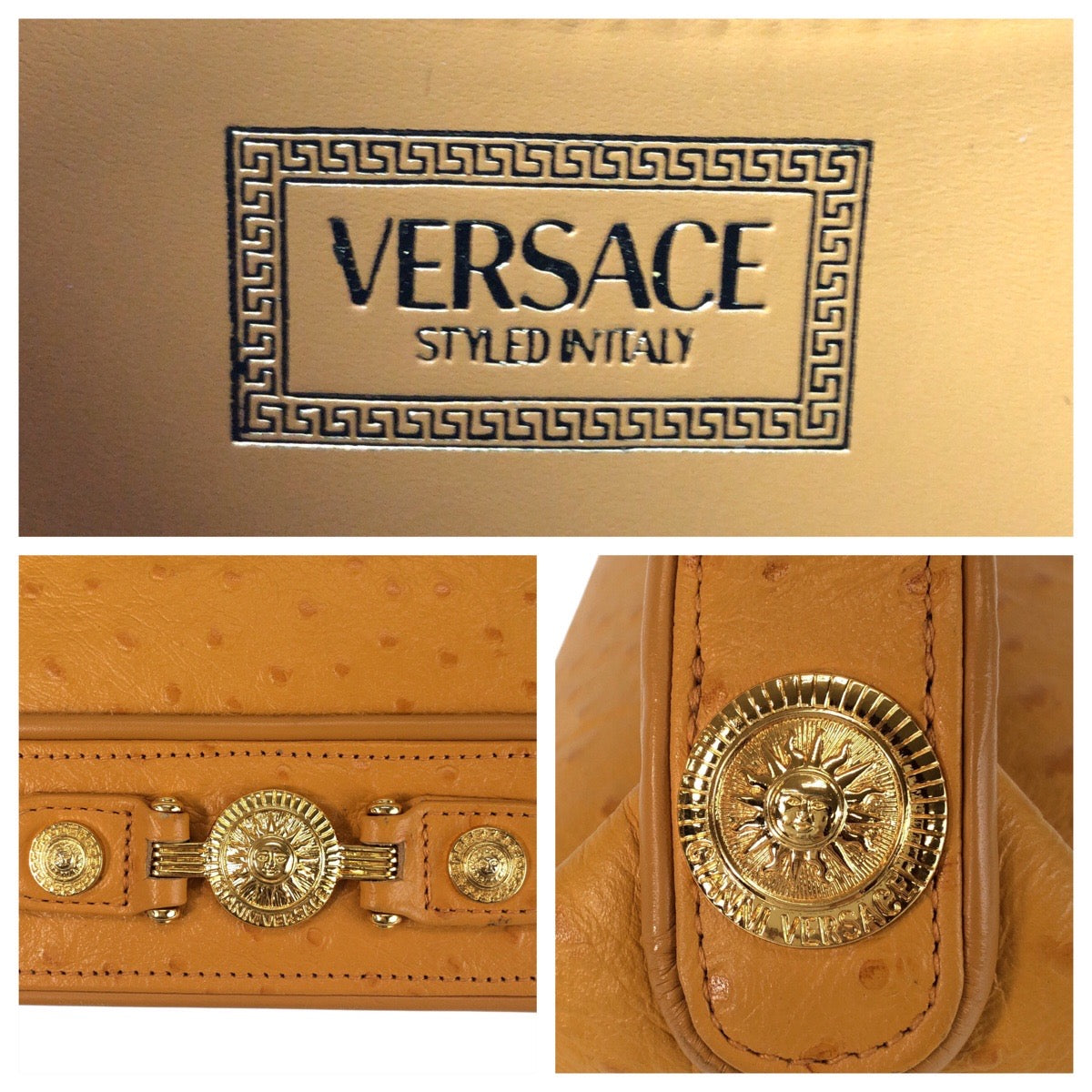 17175
VERSACE ヴェルサーチ ヴィンテージ サンバースト 型押し イエロー ゴールド金具 レザー ハンドバッグ バニティバッグ  レディース A75