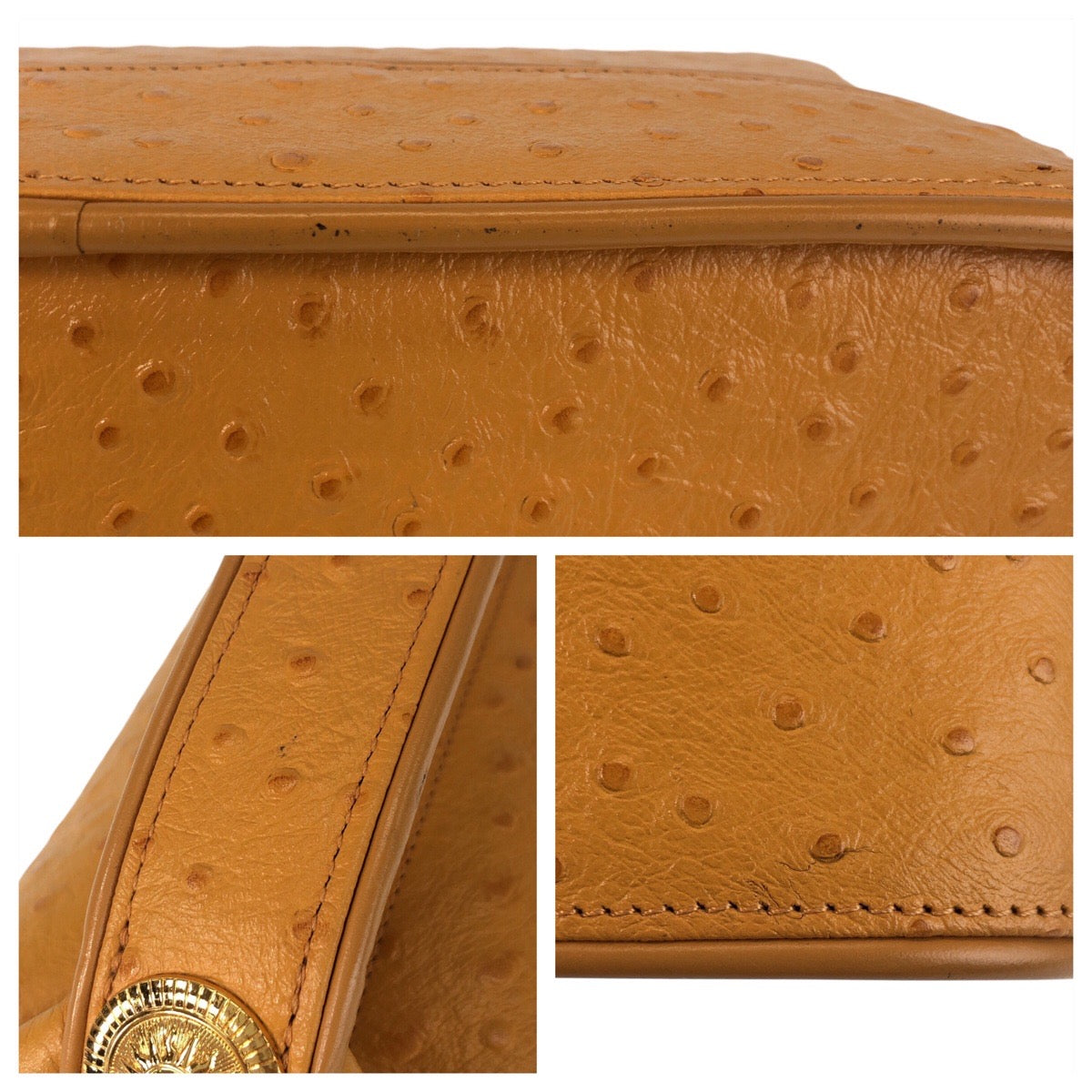 17175
VERSACE ヴェルサーチ ヴィンテージ サンバースト 型押し イエロー ゴールド金具 レザー ハンドバッグ バニティバッグ  レディース A75