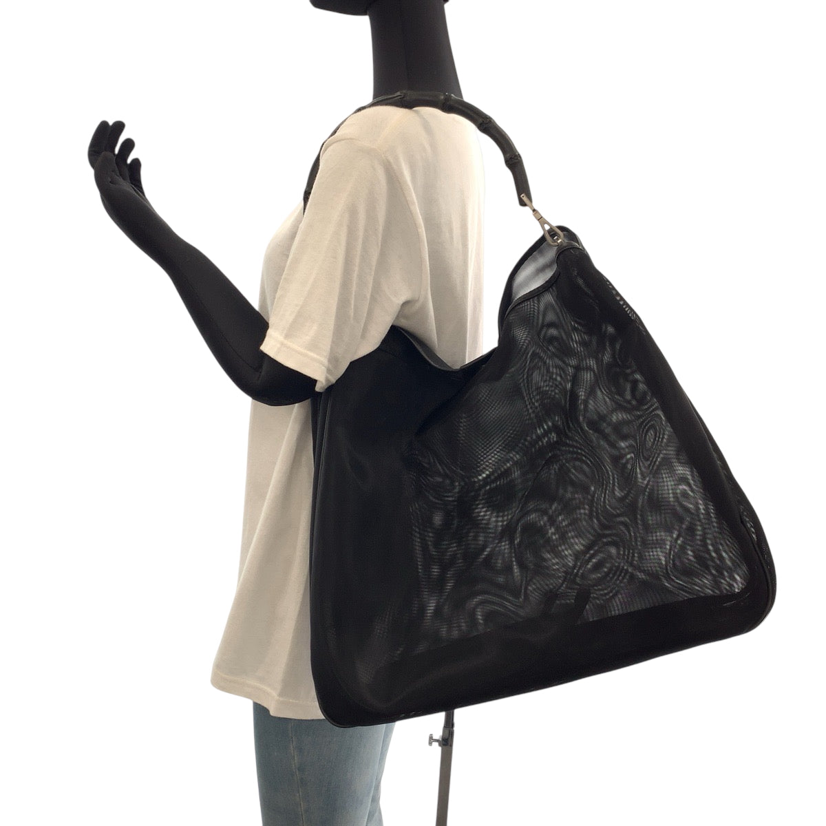 17177
GUCCI グッチ バンブー メッシュ ブラック 黒 シルバー金具 ナイロン 001 3303 トートバッグ ショルダーバッグ  レディース