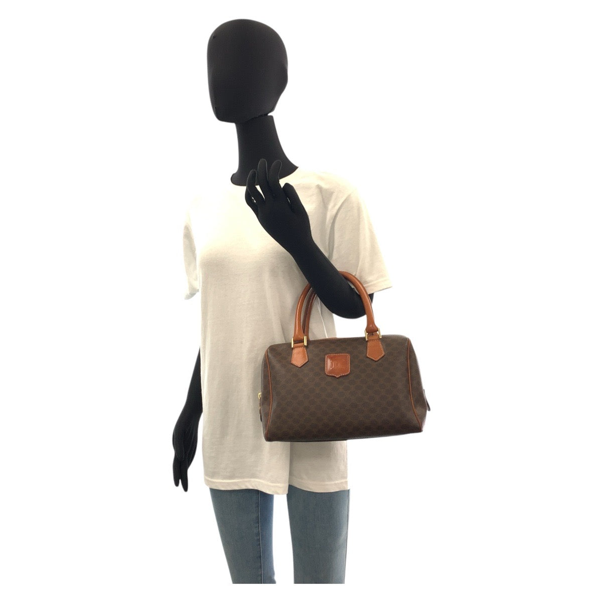 17180
CELINE セリーヌ マカダム ブラウン ゴールド金具 PVC / レザー M13 ハンドバッグ ボストンバッグ  レディース AB33