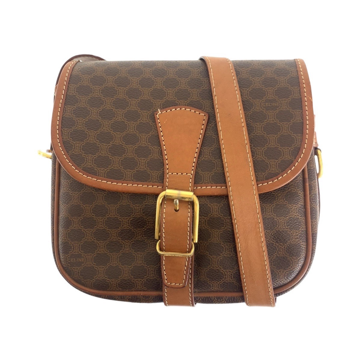 17183
CELINE セリーヌ マカダム ブラウン ゴールド金具 PVC / レザー ショルダーバッグ ポシェット  レディース AB38