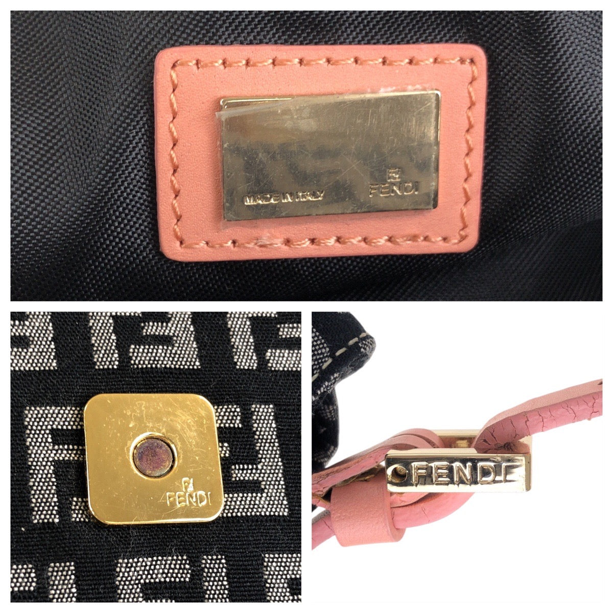 17188
FENDI フェンディ ズッキーノ ブラック 黒 ピンク ゴールド金具 キャンバス / レザー ショルダーバッグ  レディース