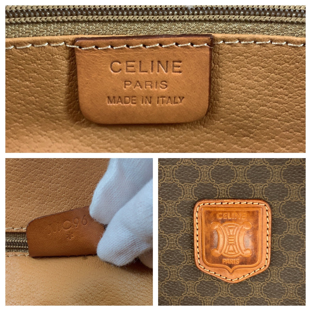 17193
CELINE セリーヌ マカダム ブラウン ゴールド金具 PVC ハンドバッグ  レディース AB38