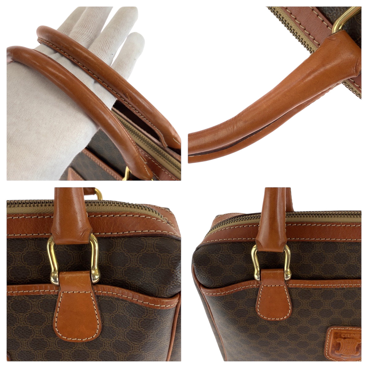 17193
CELINE セリーヌ マカダム ブラウン ゴールド金具 PVC ハンドバッグ  レディース AB38