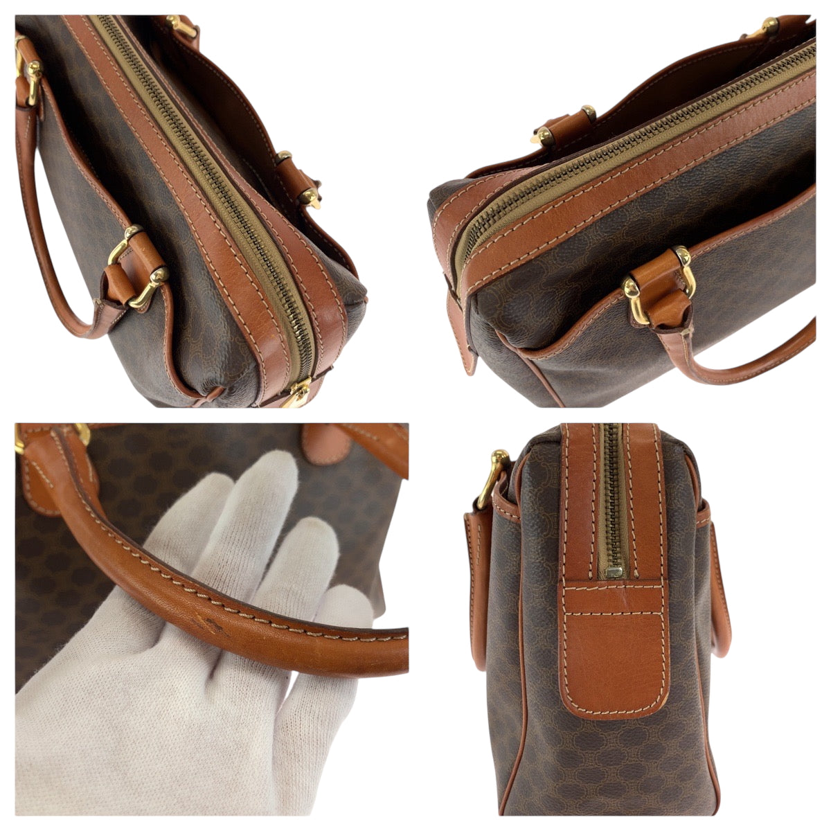 17193
CELINE セリーヌ マカダム ブラウン ゴールド金具 PVC ハンドバッグ  レディース AB38