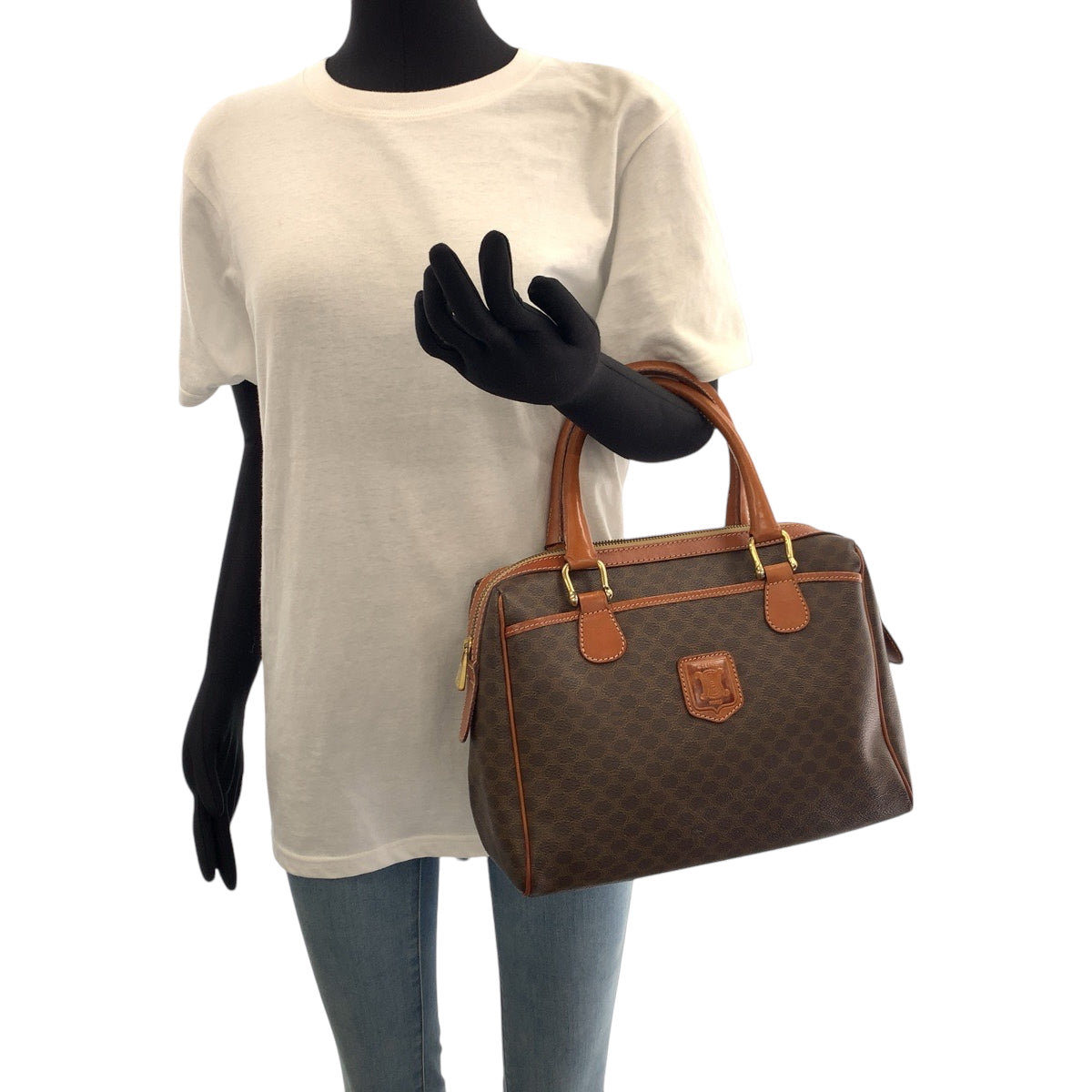 17193
CELINE セリーヌ マカダム ブラウン ゴールド金具 PVC ハンドバッグ  レディース AB38