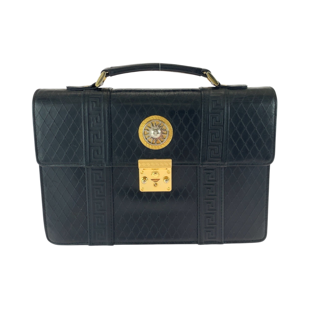 17203
VERSACE ヴェルサーチ サンバースト ブラック 黒 ゴールド金具 レザー セカンドバッグ ハンドバッグ クラッチバッグ  メンズ ABP42
