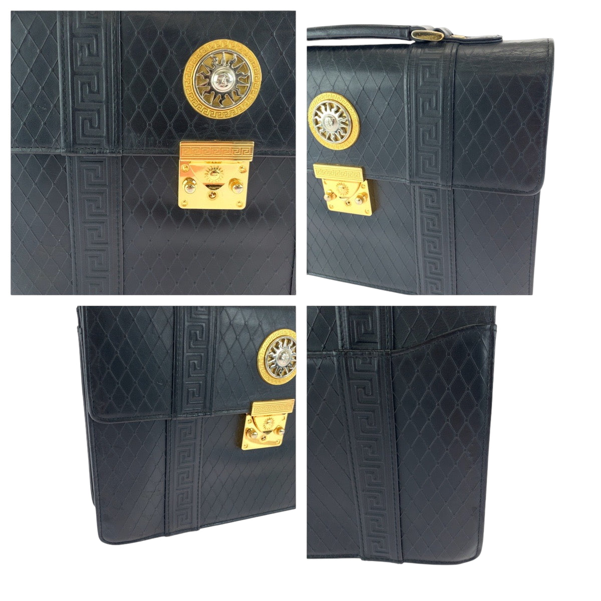 17203
VERSACE ヴェルサーチ サンバースト ブラック 黒 ゴールド金具 レザー セカンドバッグ ハンドバッグ クラッチバッグ  メンズ ABP42