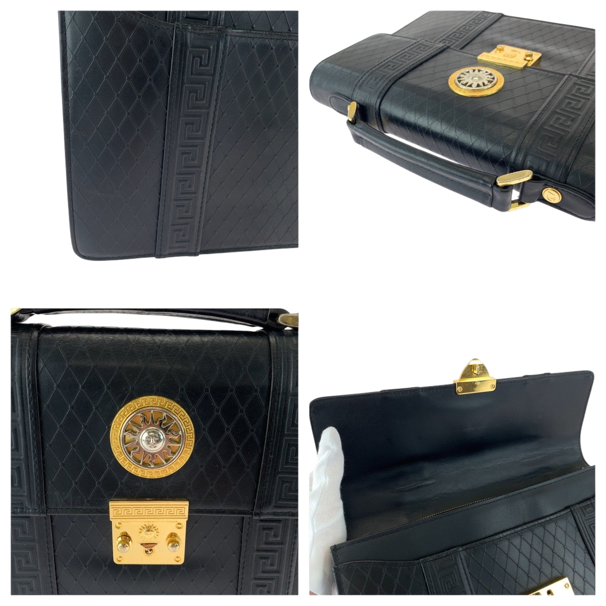 17203
VERSACE ヴェルサーチ サンバースト ブラック 黒 ゴールド金具 レザー セカンドバッグ ハンドバッグ クラッチバッグ  メンズ ABP42