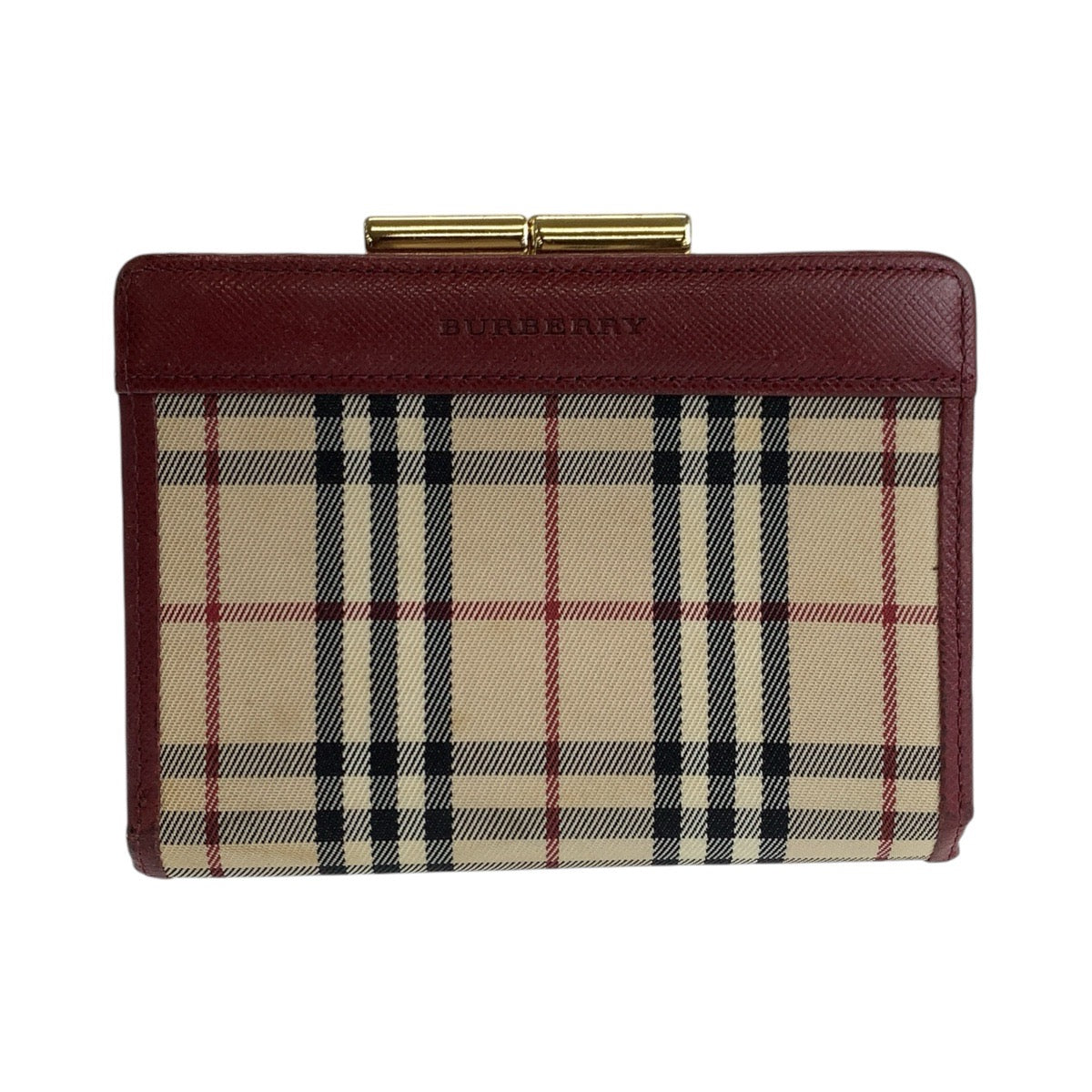 17207
BURBERRY バーバリー チェック柄 ベージュ ボルドー ゴールド金具 キャンバス / レザー 折財布 コンパクトウォレット  レディース