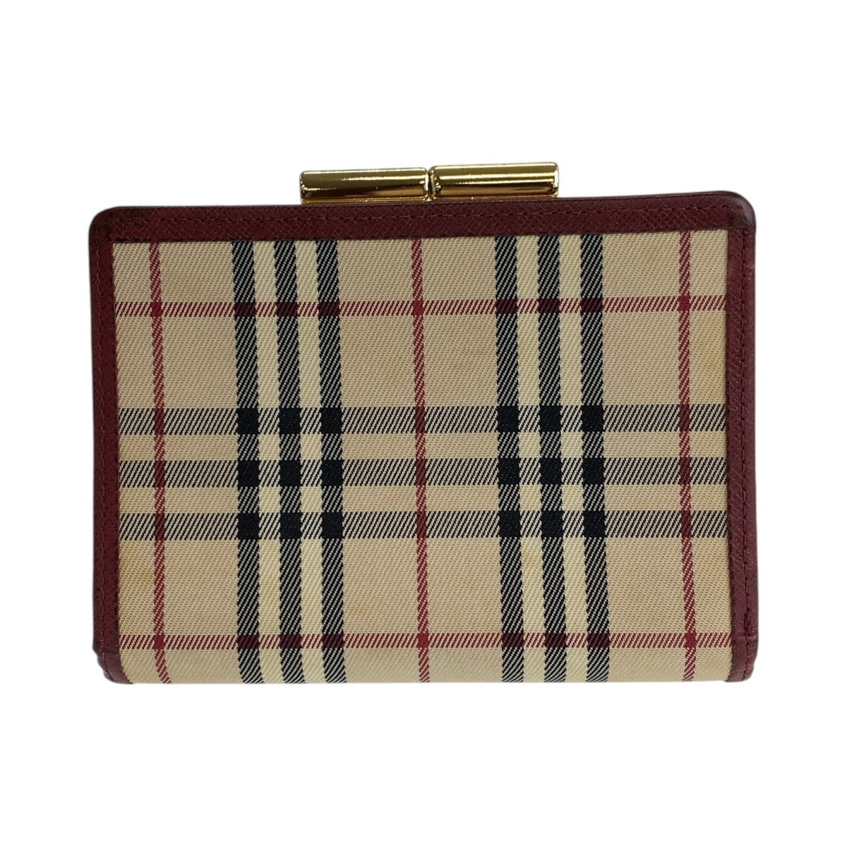 17207
BURBERRY バーバリー チェック柄 ベージュ ボルドー ゴールド金具 キャンバス / レザー 折財布 コンパクトウォレット  レディース