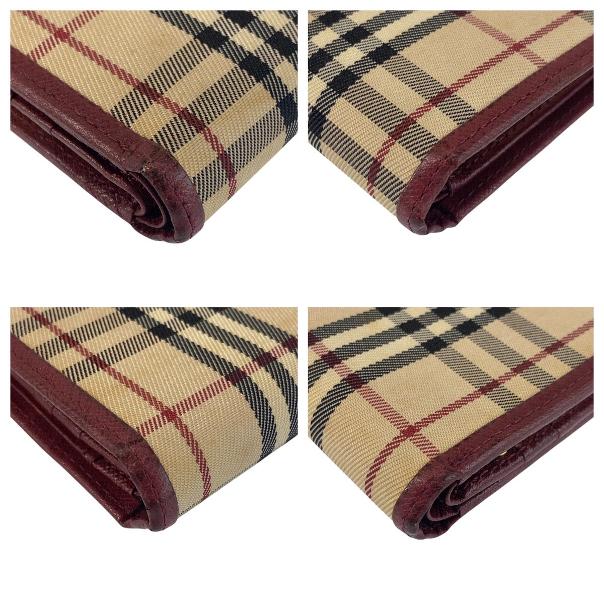 17207
BURBERRY バーバリー チェック柄 ベージュ ボルドー ゴールド金具 キャンバス / レザー 折財布 コンパクトウォレット  レディース