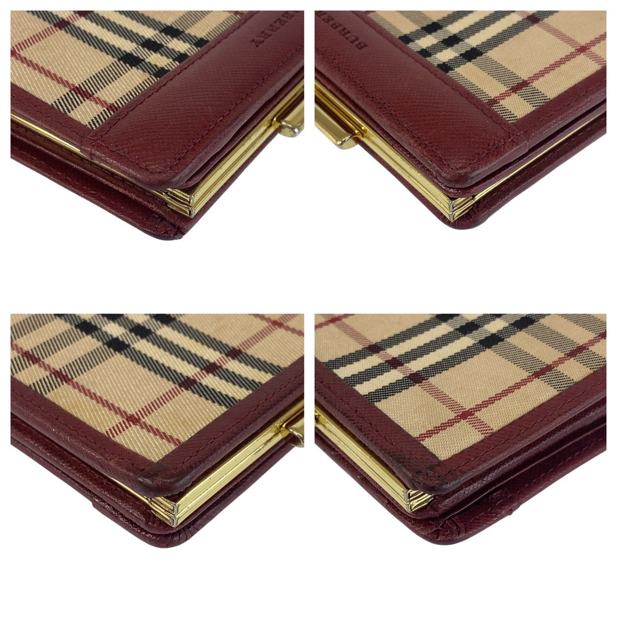 17207
BURBERRY バーバリー チェック柄 ベージュ ボルドー ゴールド金具 キャンバス / レザー 折財布 コンパクトウォレット  レディース