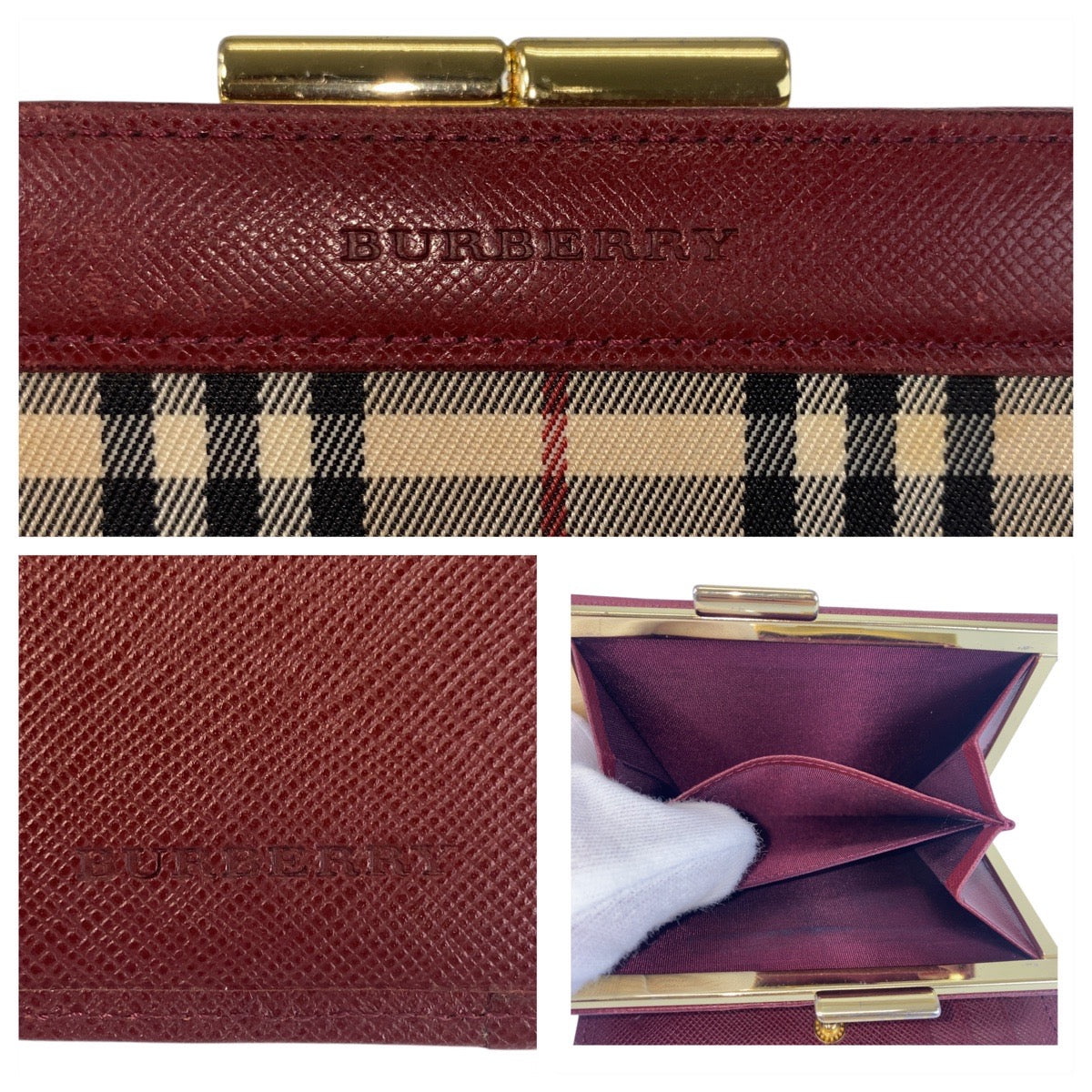17207
BURBERRY バーバリー チェック柄 ベージュ ボルドー ゴールド金具 キャンバス / レザー 折財布 コンパクトウォレット  レディース