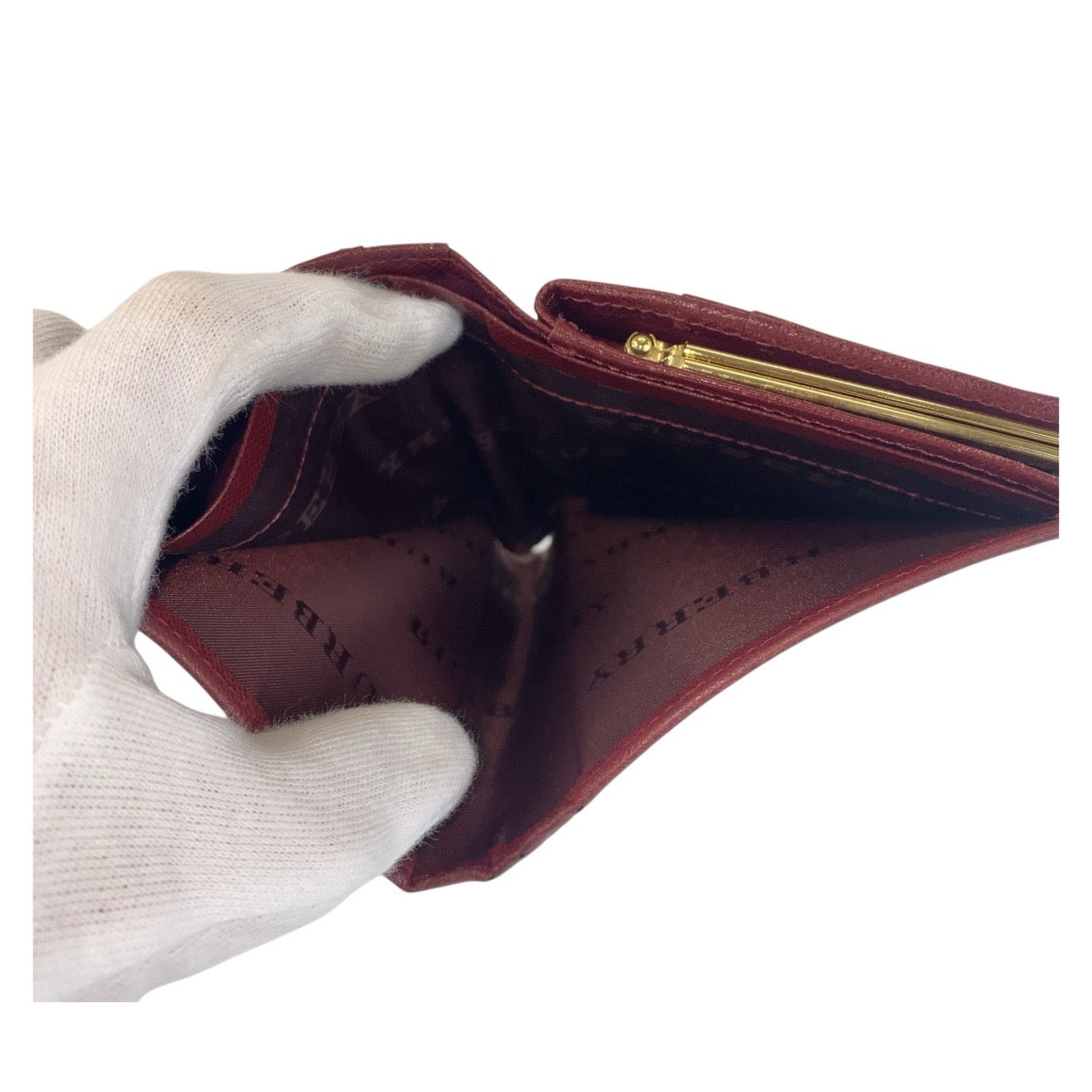 17207
BURBERRY バーバリー チェック柄 ベージュ ボルドー ゴールド金具 キャンバス / レザー 折財布 コンパクトウォレット  レディース
