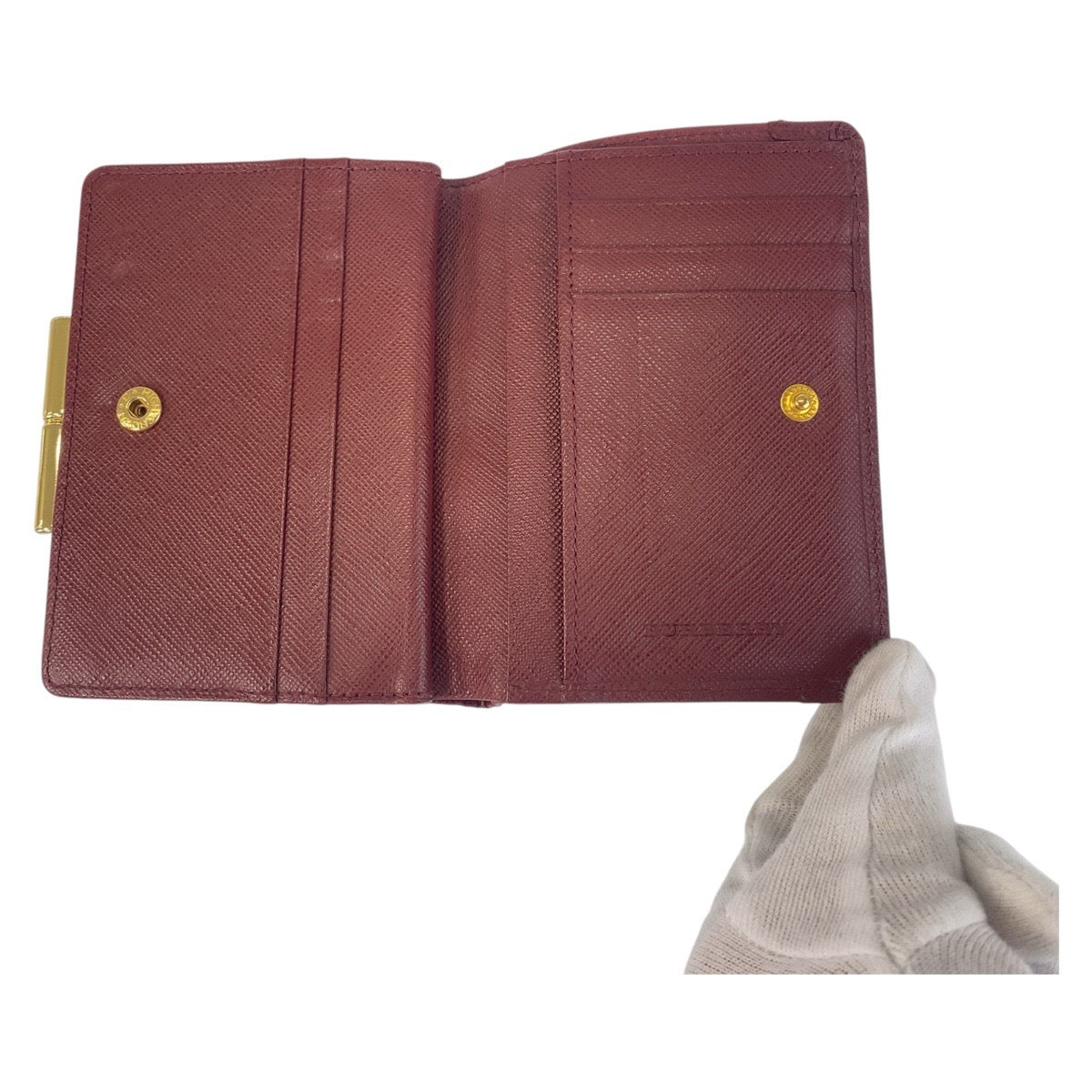 17207
BURBERRY バーバリー チェック柄 ベージュ ボルドー ゴールド金具 キャンバス / レザー 折財布 コンパクトウォレット  レディース