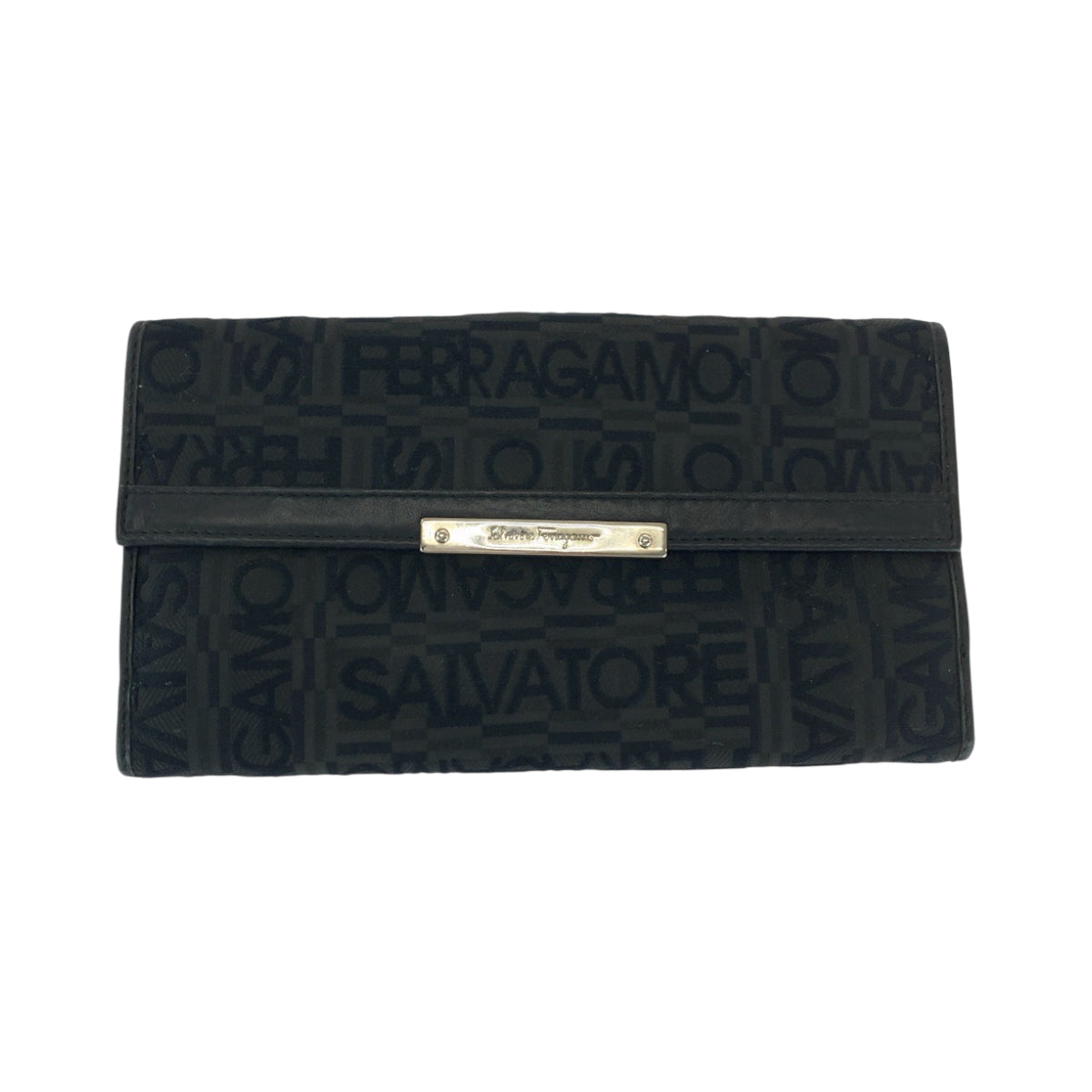 17208
Salvatore Ferragamo サルヴァトーレフェラガモ ロゴジャガード 男女兼用 ブラック 黒 シルバー金具 キャンバス 折財布 ロングウォレット  メンズ AB5