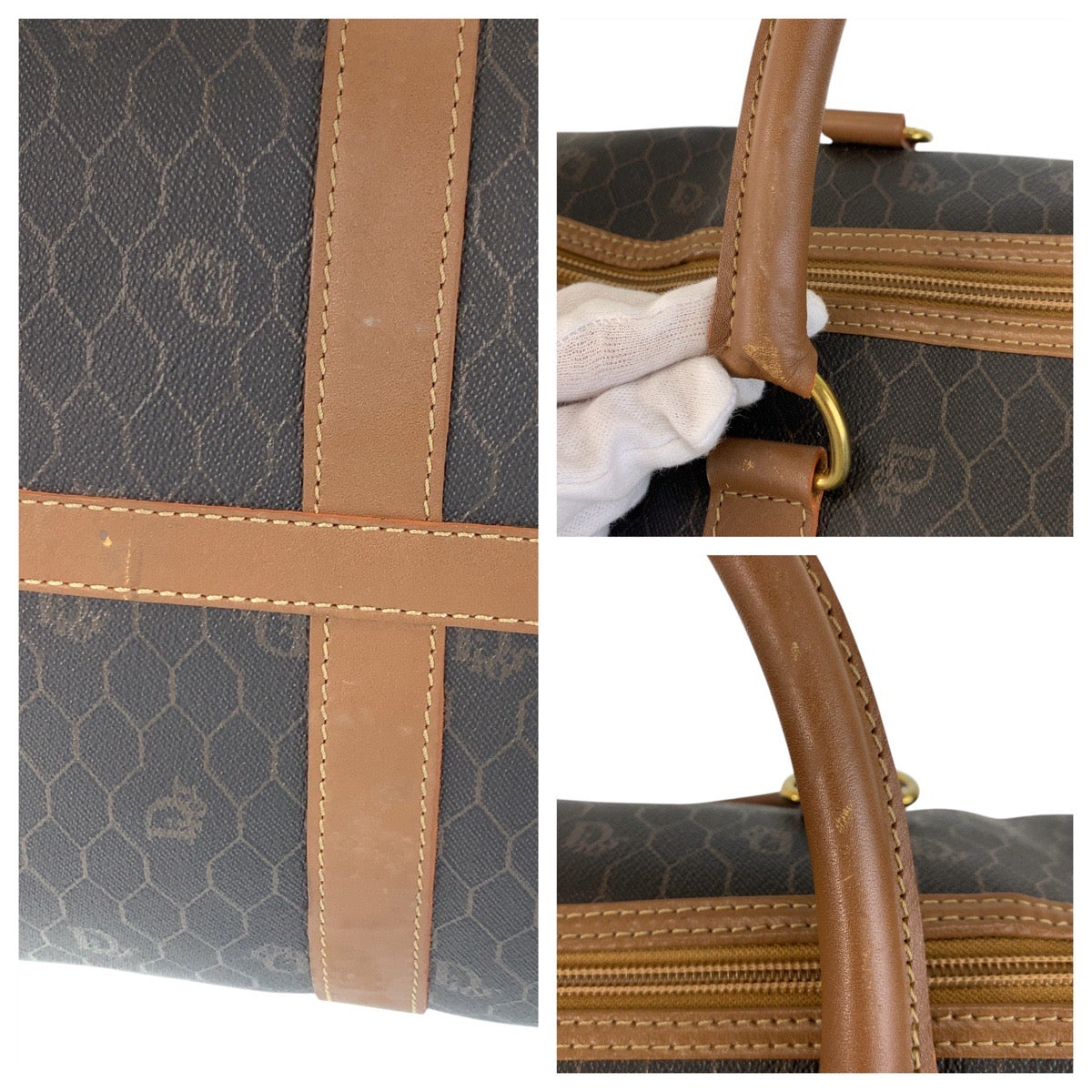 17204
Christian Dior クリスチャンディオール ヴィンテージ ハニカム柄 ブラウン ゴールド金具 PVC / レザー ボストンバッグ ハンドバッグ  レディース ABP46