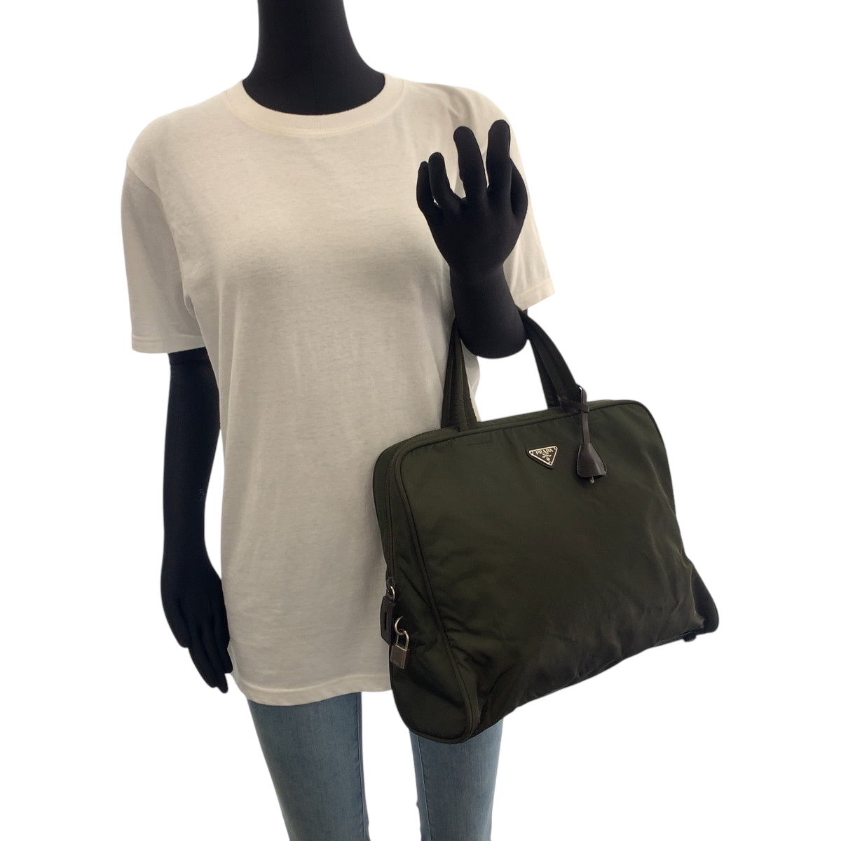 17224
PRADA プラダ テスート 三角ロゴプレート カーキ シルバー金具 ナイロン トートバッグ ハンドバッグ  レディース