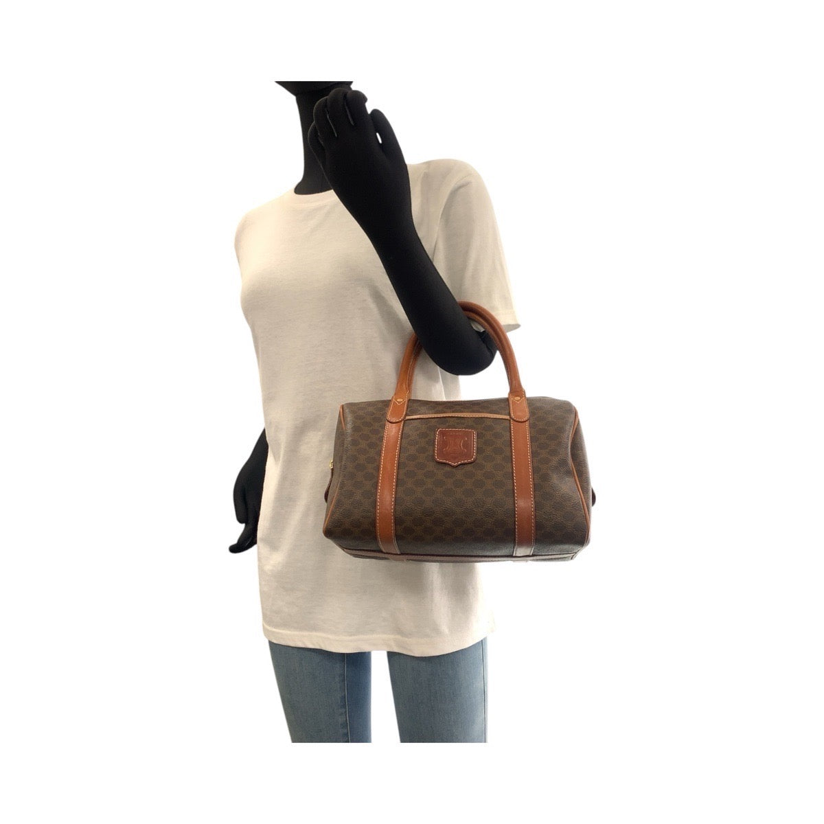 17226
CELINE セリーヌ ヴィンテージ マカダム ブラウン ゴールド金具 PVC / レザー ハンドバッグ ミニボストンバッグ  レディース AB33