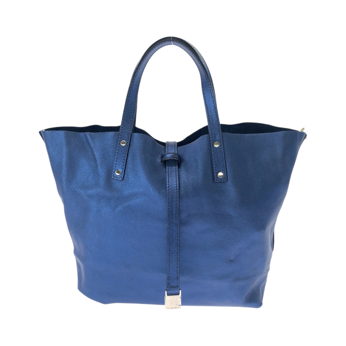 17229
TIFFANY&Co. ティファニー メタリックブルー シルバー金具 レザー ハンドバッグ レディース A36