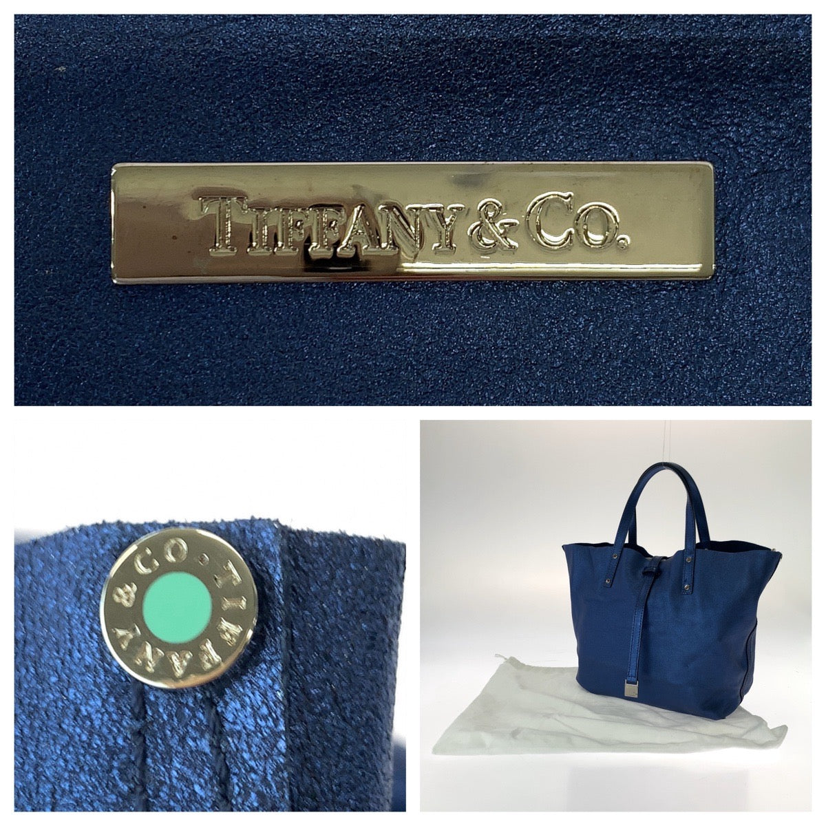 17229
TIFFANY&Co. ティファニー メタリックブルー シルバー金具 レザー ハンドバッグ レディース A36
