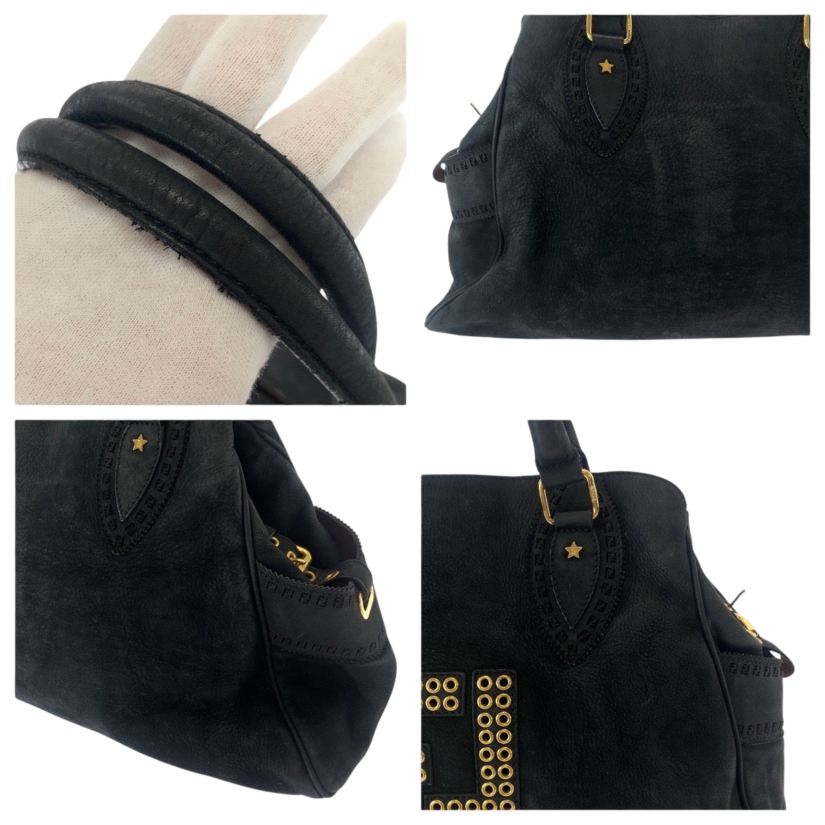 17230
FENDI フェンディ エトニコ パンチング スタッズ ブラック 黒 ゴールド金具 ヌバック 2372 8BN162 トートバッグ ショルダーバッグ  レディース ABP48