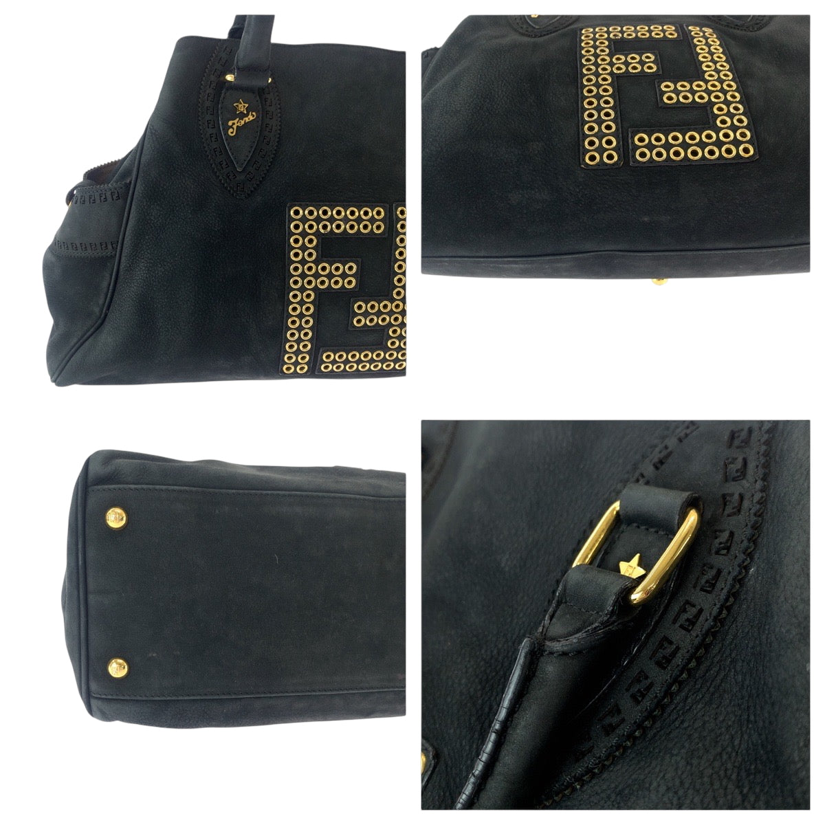 17230
FENDI フェンディ エトニコ パンチング スタッズ ブラック 黒 ゴールド金具 ヌバック 2372 8BN162 トートバッグ ショルダーバッグ  レディース ABP48