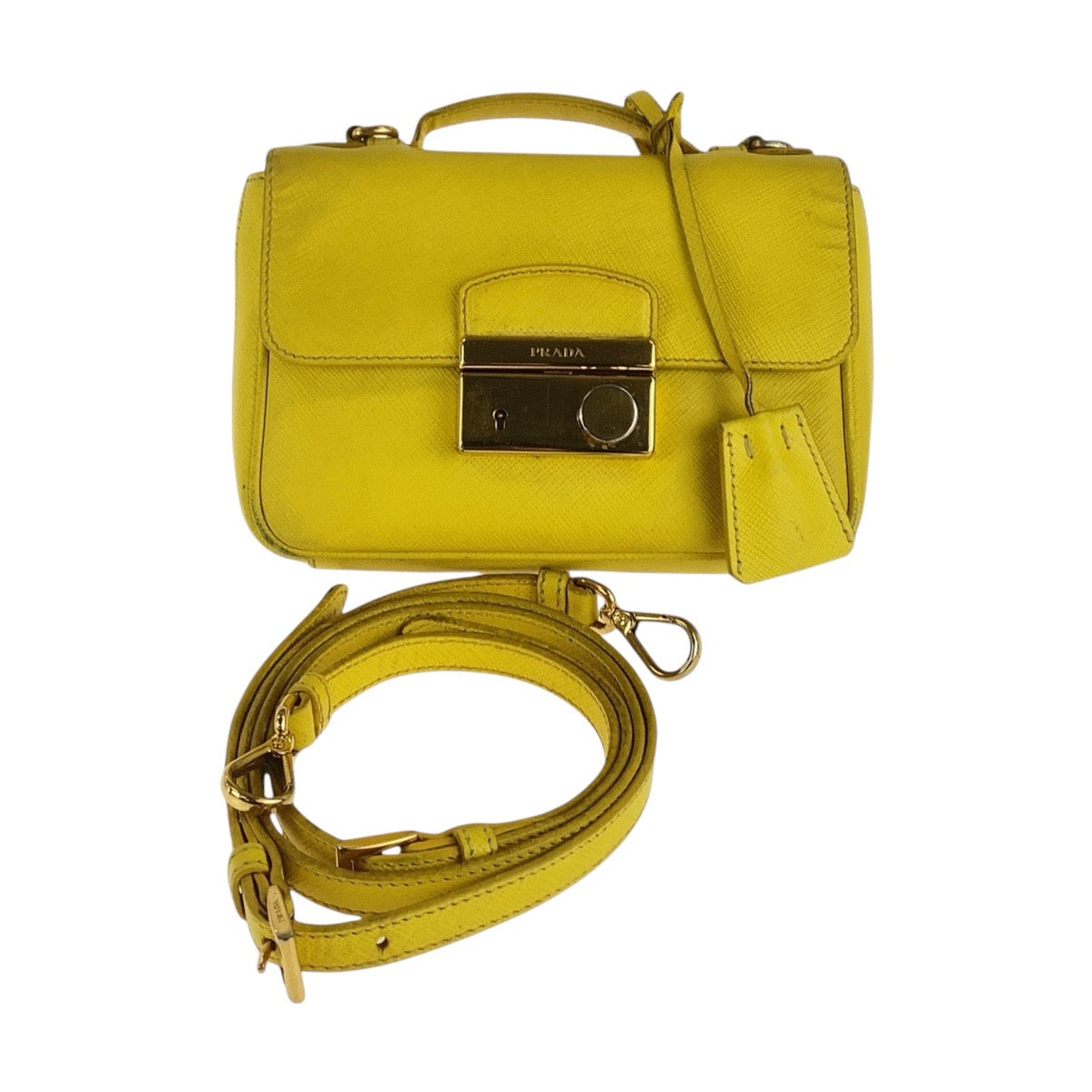 17233
PRADA プラダ サフィアーノ イエロー ゴールド金具 レザー ショルダーバッグ ハンドバッグ 2WAY レディース AB54