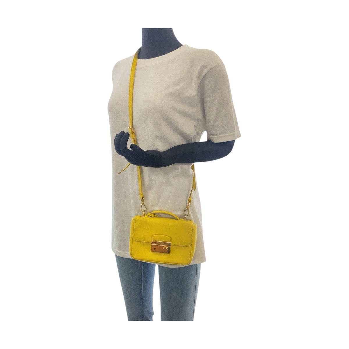 17233
PRADA プラダ サフィアーノ イエロー ゴールド金具 レザー ショルダーバッグ ハンドバッグ 2WAY レディース AB54