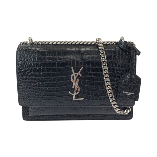 17245
SAINT LAURENT PARIS サンローランパリ サンセット カサンドラ クロコ型押し ブラック 黒 シルバー金具 レザー 442906 チェーン ショルダーバッグ ポシェット  レディース ABP140