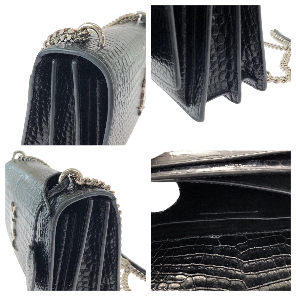 17245
SAINT LAURENT PARIS サンローランパリ サンセット カサンドラ クロコ型押し ブラック 黒 シルバー金具 レザー 442906 チェーン ショルダーバッグ ポシェット  レディース ABP140