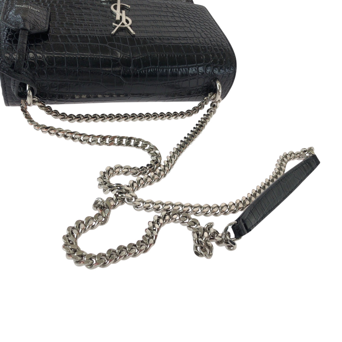 17245
SAINT LAURENT PARIS サンローランパリ サンセット カサンドラ クロコ型押し ブラック 黒 シルバー金具 レザー 442906 チェーン ショルダーバッグ ポシェット  レディース ABP140
