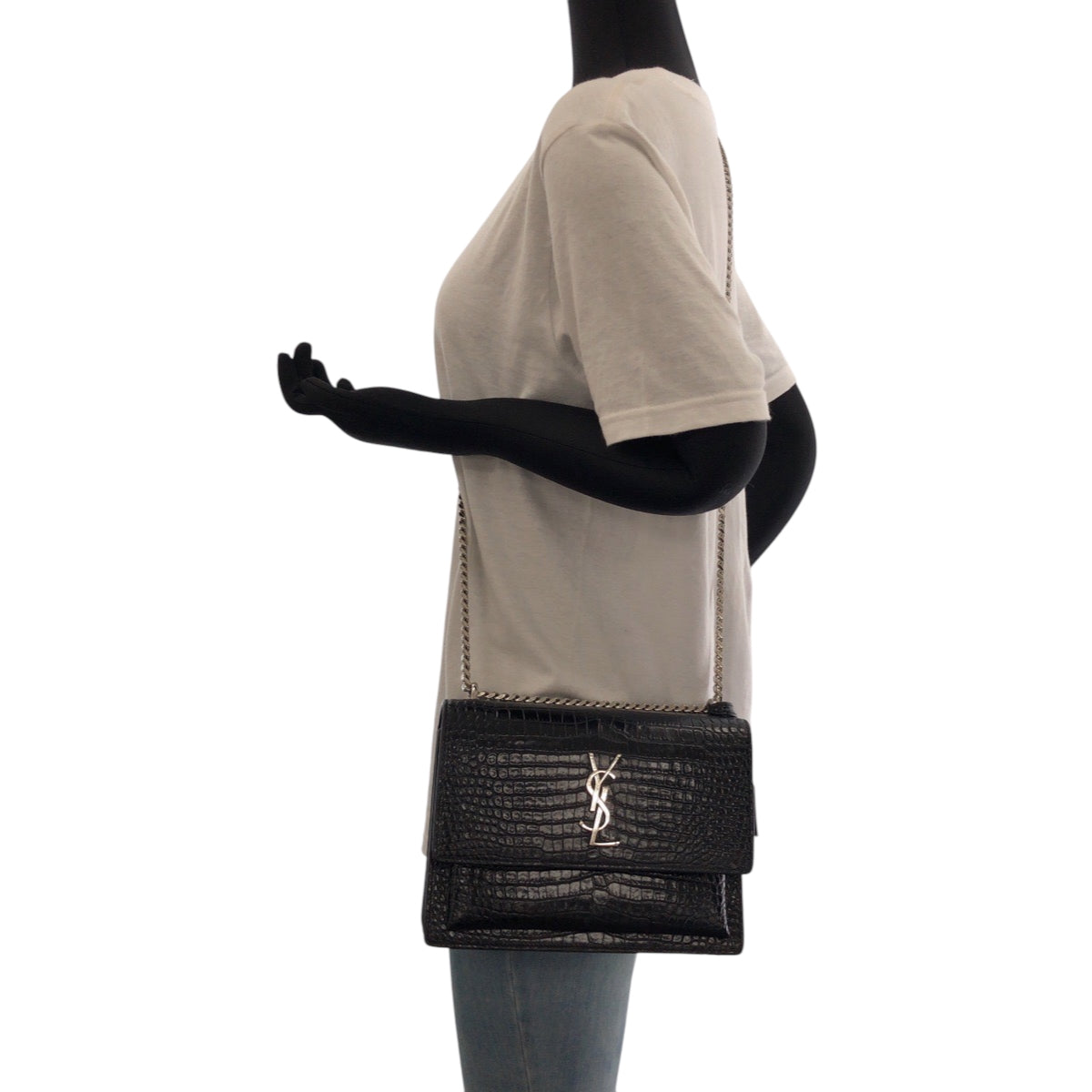17245
SAINT LAURENT PARIS サンローランパリ サンセット カサンドラ クロコ型押し ブラック 黒 シルバー金具 レザー 442906 チェーン ショルダーバッグ ポシェット  レディース ABP140