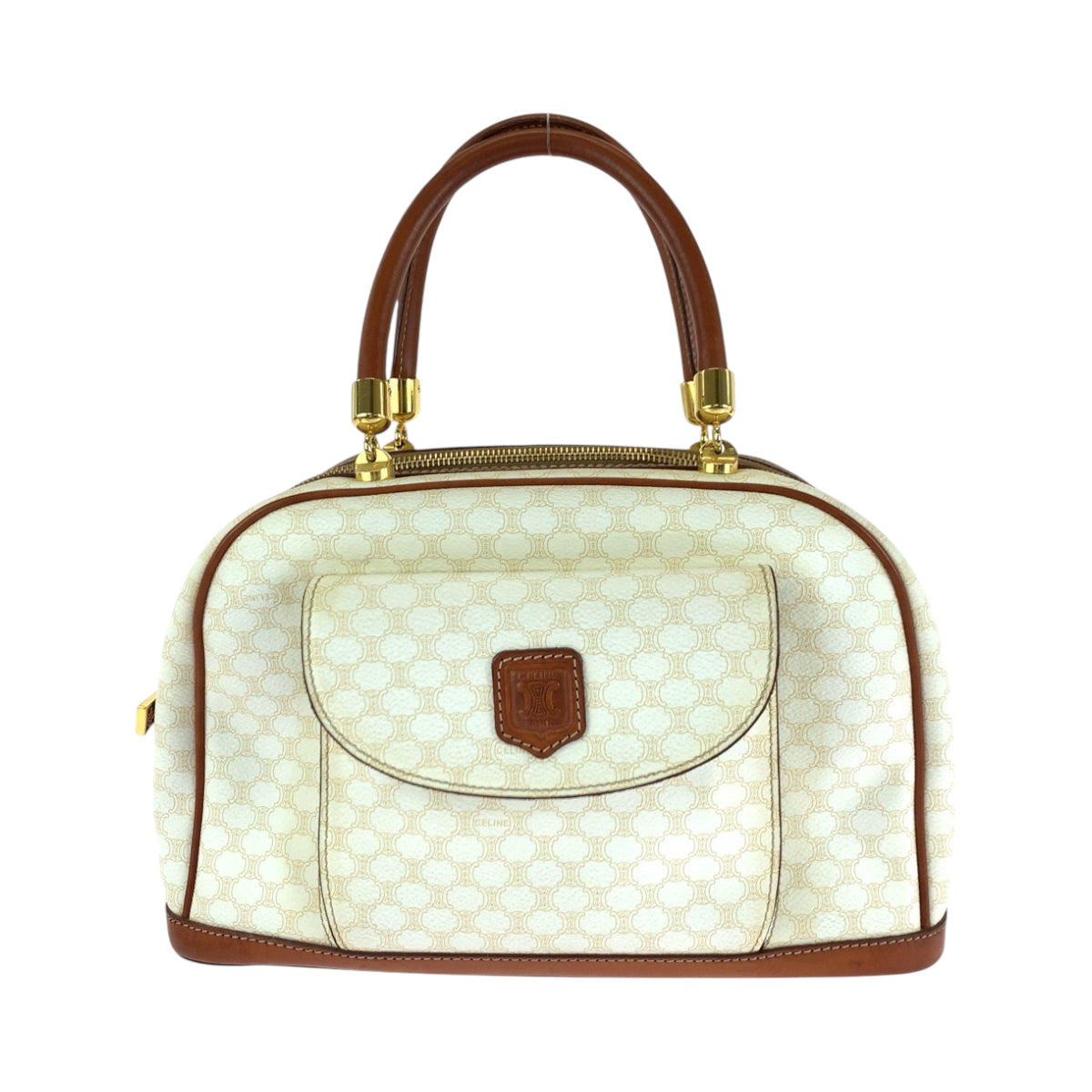 17258
CELINE セリーヌ ヴィンテージ マカダム ホワイト ブラウン ゴールド金具 PVC ハンドバッグ ミニボストンバッグ レディース ABP34