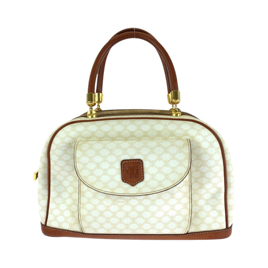 17258
CELINE セリーヌ ヴィンテージ マカダム ホワイト ブラウン ゴールド金具 PVC ハンドバッグ ミニボストンバッグ レディース ABP34